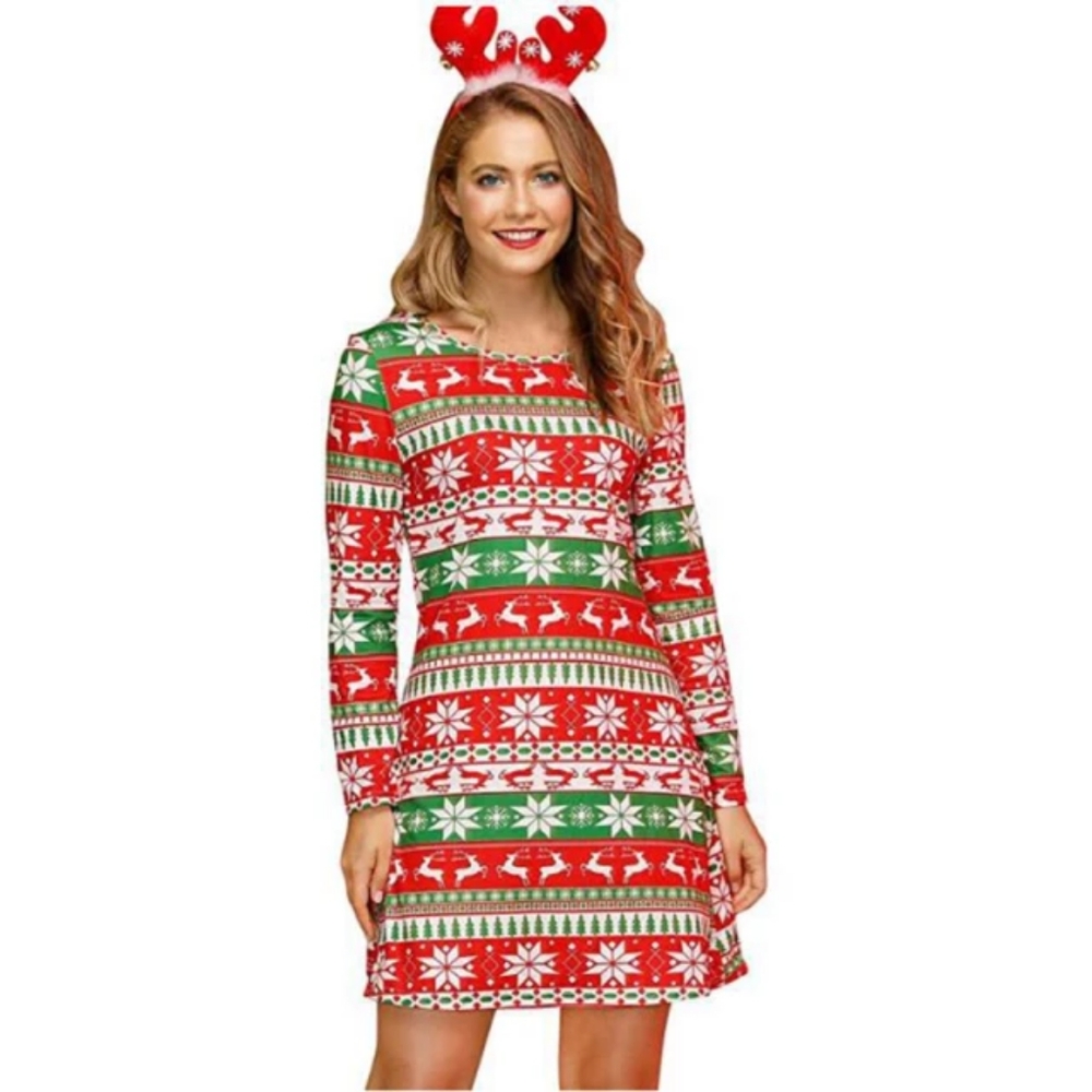 Christmas Women  Snowflake Mini Dress Elk Tree Printed Long Sleeves  Azbro XXL